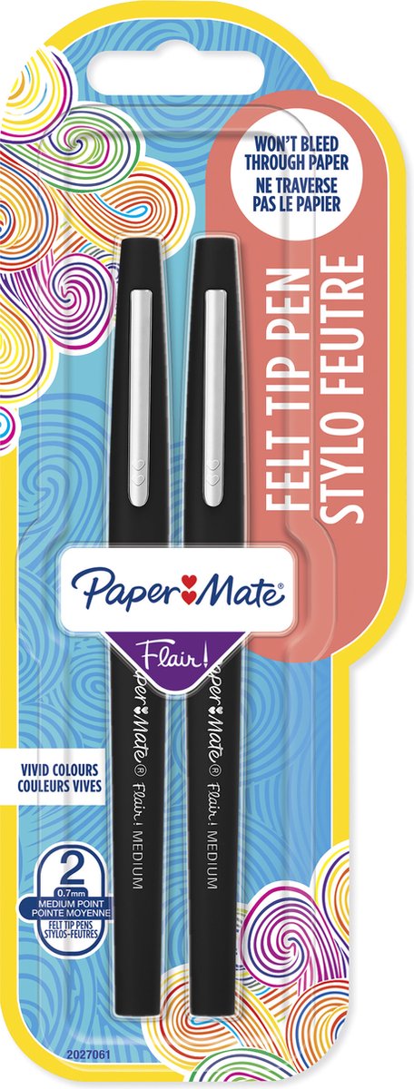 Paper Mate Flair-viltstiften | Medium punt (0,7 mm) | Zwart | 2 stuks